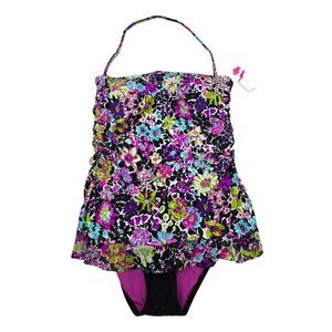 Floral Swim Dress One Piece Skirted Swimsuit Ruched Pink Purple Green Size M NWT